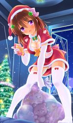 Rule 34 | 1girl, :d, bashen chenyue, blush, box, breasts, brown hair, christmas, christmas ornaments, christmas tree, cleavage, commentary request, crop top, elbow gloves, fur-trimmed headwear, fur-trimmed shirt, fur-trimmed skirt, fur trim, gift, gift box, gloves, hair between eyes, hat, highres, holding, holding gift, holding sack, indoors, leaning forward, looking at viewer, medium breasts, merry christmas, midriff, navel, night, night sky, open mouth, open window, original, purple eyes, red hat, red shirt, red skirt, sack, santa costume, santa hat, shirt, short sleeves, skirt, sky, smile, solo, standing, star (sky), starry sky, stuffed animal, stuffed toy, teddy bear, thighhighs, transparent, white gloves, white thighhighs, wide sleeves, window