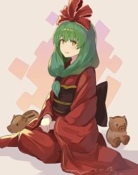 Rule 34 | 1girl, alternate costume, black sash, commentary, falken (yutozin), green hair, grey background, hair between eyes, hair ribbon, highres, japanese clothes, kagiyama hina, kimono, long hair, long sleeves, looking at viewer, obi, own hands together, parted lips, red kimono, red ribbon, ribbon, sash, shadow, simple background, sitting, smile, solo, touhou, wide sleeves, yellow eyes