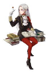 Rule 34 | 1girl, black jacket, black shorts, book, book on lap, book stack, braid, closed mouth, edelgard von hresvelg, fire emblem, fire emblem: three houses, flower, french braid, grey eyes, hair ribbon, high heels, holding, holding flower, invisible chair, jacket, long hair, long sleeves, nintendo, pantyhose, purple ribbon, red pantyhose, ribbon, robaco, short shorts, shorts, simple background, sitting, solo, very long hair, white background, white hair