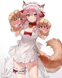 Rule 34 | 1girl, aiko (kanl), animal ear fluff, animal ears, animal hands, apron, bare shoulders, bell, breasts, bridal garter, brown eyes, cleavage, collar, fate/grand order, fate (series), fox ears, fox girl, fox tail, gloves, hair ribbon, hands up, headdress, jingle bell, large breasts, long hair, looking at viewer, naked apron, paw gloves, pink hair, ribbon, simple background, solo, tail, tamamo (fate), tamamo cat (fate), thighs, white apron, white background