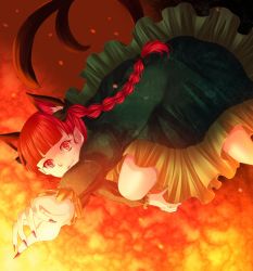 Rule 34 | 1girl, animal ears, bad id, bad pixiv id, braid, cat ears, cat girl, cat tail, claws, dress, extra ears, female focus, fingernails, fire, kaenbyou rin, long fingernails, multiple tails, nail polish, red eyes, red hair, solo, tail, touhou, twin braids, twintails, yuha (yh-krm)