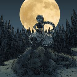 Rule 34 | 1girl, backlighting, belt, blue eyes, boots, braid, braided ponytail, crop top, death, fantasy, female focus, forest, freckles, full moon, grin, hand on own hip, highres, holding, holding sword, holding weapon, medium skirt, momochichi77, moon, nature, night, original, outdoors, single braid, skirt, smile, solo, sword, tree, weapon, werewolf