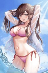 Rule 34 | 1girl, arms behind head, arms up, bikini, blue sky, blush, breasts, brown eyes, brown hair, cleavage, highres, kanojo okarishimasu, large breasts, long hair, looking at viewer, mizuhara chizuru, navel, open clothes, open mouth, open shirt, see-through, shirt, sky, smile, solo, swept bangs, swimsuit, syehera77, teeth, thighs, upper teeth only, wading, water, wet, wet clothes, wet shirt