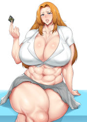 Rule 34 | 1girl, abs, absurdres, annoyed, bleach, breasts, cleavage, condom, highres, large breasts, matsumoto rangiku, natedecock, navel, open clothes, open shirt, orange hair, shirt, sitting, skirt, solo, white shirt, wide hips