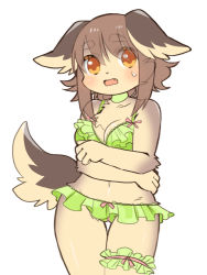 1girl blush bra breasts brown_eyes brown_hair dog female_focus furry furry_female moka-momaka open_mouth panties short_hair simple_background solo underwear white_background