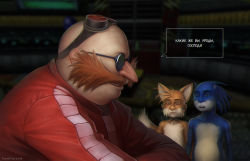 Rule 34 | 3boys, animal ears, bald, black-framed eyewear, blonde hair, blue eyes, blue fur, blue hair, blurry, blurry background, body fur, chromatic aberration, closed mouth, collarbone, dr. eggman, eyewear on head, facial hair, fox boy, fox ears, fox tail, from side, furry, furry male, goggles, grey-framed eyewear, grin, half-closed eyes, happy, indoors, jacket, looking at another, male focus, multiple boys, mustache, profile, red-tinted eyewear, red jacket, russian text, short hair, smile, solo focus, sonic (series), sonic the hedgehog, speech bubble, spiked hair, standing, sunglasses, tail, tails (sonic), talking, teeth, tinted eyewear, totesfleisch8, translation request, two-tone fur, upper body, white fur, yellow fur