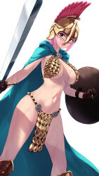 Rule 34 | 1girl, armor, bikini armor, breasts, brown gloves, buckler, cait aron, cape, commentary, gloves, helmet, highres, holding, holding shield, holding sword, holding weapon, hood, hood down, hooded cape, large breasts, looking at viewer, navel, one piece, open mouth, pelvic curtain, pink hair, rebecca (one piece), shield, sidelocks, simple background, solo, sword, teeth, thighs, upper teeth only, weapon, white background