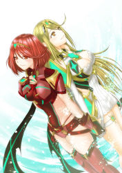 Rule 34 | 2girls, an&#039;no natsume, armor, blonde hair, breasts, cleavage, cleavage cutout, clothing cutout, covered navel, dress, fingerless gloves, gloves, headpiece, highres, holding hands, large breasts, long hair, multiple girls, mythra (xenoblade), nintendo, pyra (xenoblade), red eyes, red hair, red legwear, red shorts, ribbed dress, short dress, short hair, short shorts, shorts, shoulder armor, smile, swept bangs, thigh strap, thighhighs, tiara, white gloves, xenoblade chronicles (series), xenoblade chronicles 2, yellow eyes