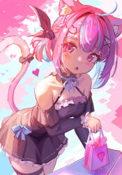Rule 34 | 1girl, :o, absurdres, ahoge, animal ear fluff, animal ears, bag, bare shoulders, black bow, black collar, black dress, blue bow, blue hair, blue ribbon, blush, bow, braid, cat ears, cat girl, cat hair ornament, cat tail, collar, colored inner hair, cowboy shot, detached sleeves, dress, dress bow, eyelashes, french braid, frilled sleeves, frills, hair between eyes, hair ornament, hairclip, hand up, highres, holding, holding bag, hololive, leaning forward, long sleeves, looking at viewer, minato aqua, multicolored hair, neck ribbon, off-shoulder dress, off shoulder, one side up, open mouth, pink eyes, pink hair, pleated dress, ribbon, samyo, short dress, short hair, sidelocks, solo, streaked hair, tail, tail bow, tail ornament, tail raised, thigh strap, virtual youtuber, x hair ornament
