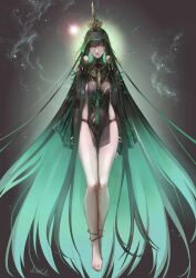 1girl absurdly_long_hair agaver123 barefoot black_hair black_panties colored_inner_hair crown gradient_hair green_hair highres jewelry legs long_hair long_sleeves multicolored_hair nail_polish ofuda ofuda_on_head panties punishing:_gray_raven qu_(pgr) solo toes underwear very_long_hair