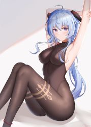 Rule 34 | 1girl, absurdres, ahoge, ankle strap, armpits, arms up, black pantyhose, blue hair, blush, bodystocking, breasts, closed mouth, collarbone, covered navel, curled horns, doraski, expressionless, feet out of frame, ganyu (genshin impact), genshin impact, goat horns, gradient background, hair between eyes, highres, holding own arm, horns, knees up, legs, long hair, looking at viewer, medium breasts, pantyhose, purple eyes, shadow, sideboob, sidelocks, sitting, skin tight, solo, thighs, tight clothes