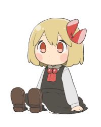 Rule 34 | 1girl, black pantyhose, black skirt, black vest, blonde hair, blush stickers, bow, brown footwear, chibi, citrus (place), commentary request, full body, hair bow, long sleeves, medium hair, pantyhose, red bow, red eyes, red neckwear, rumia, shoes, simple background, sitting, skirt, solo, touhou, vest, white background
