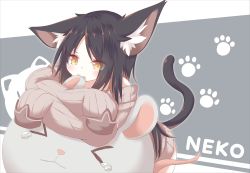 Rule 34 | &gt; &lt;, 1girl, animal ear fluff, animal ears, biting, black hair, brown eyes, brown hair, brown sweater, cat ears, cat girl, cat tail, closed eyes, closed mouth, commentary request, daidai ookami, ear biting, fang, fang out, long hair, long sleeves, multicolored hair, off-shoulder sweater, off shoulder, original, parted bangs, ribbed sweater, romaji text, sleeves past fingers, sleeves past wrists, solo, streaked hair, sweater, tail, tail raised, tears, v-shaped eyebrows, very long hair, wavy mouth