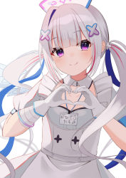 Rule 34 | 1girl, amane kanata, amane kanata (nurse), closed mouth, colored inner hair, gloves, grey hair, hat, heart, heart hands, highres, hololive, id card, kamachi (kamati0maru), long hair, looking at viewer, multicolored hair, nurse, nurse cap, pink eyes, pink hair, short sleeves, simple background, single hair intake, smile, solo, twintails, virtual youtuber, white background, white gloves