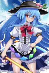Rule 34 | 1girl, absurdres, black headwear, blue hair, blue skirt, blue sky, bow, bowtie, center frills, closed mouth, cloud, doku yanagi, food, frills, fruit, highres, hinanawi tenshi, holding, holding sword, holding weapon, leaf, long hair, looking at viewer, outdoors, peach, rainbow order, red bow, red bowtie, red eyes, short sleeves, skirt, sky, smile, solo, sword, sword of hisou, touhou, weapon