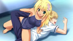 Rule 34 | 1boy, 1girl, blonde hair, breasts, covered navel, flower, game cg, green eyes, hair flower, hair ornament, long hair, love-bride eve, medium breasts, mutsumi masato, natsume himawari, on floor, one-piece swimsuit, open mouth, school uniform, submission, submission hold, swimsuit, wrestling