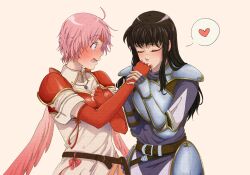 Rule 34 | 2girls, ahoge, armor, astrid (fire emblem), belt, black belt, black hair, blue eyes, blush, breasts, brown belt, closed eyes, collared shirt, couple, dreamsyndd, elbow gloves, embarrassed, eyebrows hidden by hair, fingerless gloves, fire emblem, fire emblem: path of radiance, fire emblem: radiant dawn, fire emblem heroes, gloves, heart, imminent kiss, jewelry, kiss, marcia (fire emblem), medium breasts, multiple girls, neck, necklace, nintendo, open mouth, parted lips, pink background, pink hair, red gloves, shirt, short sleeves, sidelocks, simple background, standing, straight hair, surprised, white shirt, wings, yuri