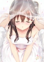 Rule 34 | 1boy, 1girl, bare arms, bare shoulders, blurry, blurry foreground, blush, breasts, bridal veil, brown hair, closed eyes, collarbone, commentary request, depth of field, dress, facing viewer, fingernails, hair between eyes, highres, incoming kiss, long hair, long sleeves, maruma (maruma gic), medium breasts, nose blush, original, parted lips, petals, pov, pov hands, see-through, signature, strapless, strapless dress, veil, white dress