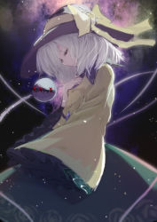Rule 34 | 1girl, alternate eye color, alternate hair color, black hat, bow, closed mouth, collared shirt, cowboy shot, eyelashes, frilled sleeves, frills, from side, green skirt, grey hair, half-closed eyes, hand on own chest, hand up, hat, hat bow, highres, komeiji koishi, light particles, long sleeves, looking down, nebula, red eyes, shirt, short hair, skirt, sleeves past wrists, solo, string, third eye, touhou, watchi, wide sleeves, yellow bow, yellow shirt