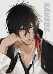 Rule 34 | 1boy, black hair, black necktie, buttons, character name, closed mouth, collar, collarbone, collared shirt, feathers, grey background, hand on own cheek, hand on own face, katekyo hitman reborn!, looking at viewer, male focus, necktie, red eyes, red feathers, ru (famia), scar, shirt, short hair, simple background, solo, upper body, white shirt, xanxus