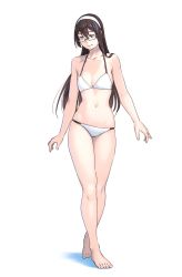 Rule 34 | 1girl, aqua eyes, bare arms, bare legs, bare shoulders, barefoot, bikini, black hair, closed mouth, collarbone, full body, glasses, groin, hair between eyes, hairband, halterneck, highres, kantai collection, long hair, navel, ooyodo (kancolle), simple background, smile, solo, standing, string bikini, swimsuit, white background, white bikini, white hairband, yuuji (and)