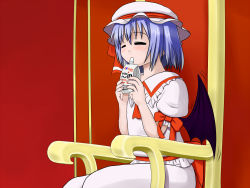 Rule 34 | 1girl, = =, bat wings, blue hair, bow, drinking, closed eyes, fingernails, hat, hat ribbon, mob cap, motion lines, puffy short sleeves, puffy sleeves, red background, remilia scarlet, ribbon, short hair, short sleeves, sitting, skirt, skirt set, solo, throne, touhou, wataru ryourei, wings