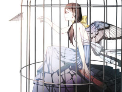 Rule 34 | 1girl, arm support, bare shoulders, birdcage, bow, brown eyes, brown hair, butterfly wings, cage, choker, dress, fumio (kanmi), hair between eyes, insect wings, long dress, long hair, original, outstretched arm, paper, paper airplane, ribbon, simple background, sitting, smile, solo, twintails, white background, white theme, wings