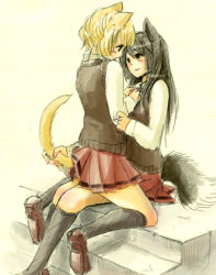 Rule 34 | 2girls, animal ears, black hair, black socks, blonde hair, blush, cat ears, cat tail, dog ears, dog tail, fuwayu, hands on another&#039;s chest, holding another&#039;s tail, inutose, light smile, long hair, multiple girls, original, pleated skirt, profile, school uniform, short hair, sitting, sitting on lap, sitting on person, skirt, smile, socks, stairs, tail, tail grab, traditional media, yellow eyes, yuri