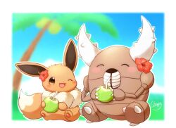 Rule 34 | animal focus, blush stickers, brown eyes, brown fur, claws, closed eyes, coconut, coconut cup, creatures (company), cup, drinking straw, eevee, flower, game freak, gen 1 pokemon, hibiscus, highres, holding, holding cup, horns, mimix, nintendo, no humans, one eye closed, open mouth, outdoors, palm tree, pawpads, pinsir, pokemon, pokemon (creature), signature, sitting, tree, white background
