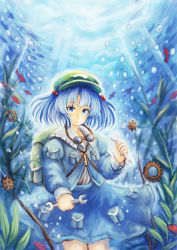 Rule 34 | 1girl, blush, bubble, closed mouth, gears, goggles, goggles around neck, green hat, hair bobbles, hair ornament, hat, highres, kawashiro nitori, long sleeves, looking at viewer, short hair, short twintails, smile, solo, suzutaka (ringo kakigoori), touhou, twintails, underwater, wrench