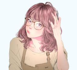 Rule 34 | 1girl, apron, bad id, bad pixiv id, brown hair, brown theme, eyelashes, freckles, glasses, hand in own hair, hand on own head, head tilt, highres, holding, holding pen, lips, looking at viewer, ma2, medium hair, original, pen, pink eyes, pouty lips, shirt, solo, white background