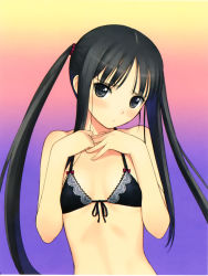 Rule 34 | 00s, 1girl, absurdres, black bra, black eyes, black hair, blush, bow, bow bra, bra, fault!!, female focus, flat chest, front-tie top, frown, gradient background, head tilt, highres, lingerie, long hair, looking at viewer, solo, sugiyama mio, tony taka, twintails, underwear, underwear only, upper body