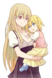 Rule 34 | 10s, 2girls, akame ga kill!, blonde hair, blue eyes, blue footwear, blush, blush stickers, bols daughter, bols wife, carrying, dress, hair ornament, hairclip, highres, long hair, mother and daughter, multiple girls, piza rokumai, red eyes, shoes, short hair, simple background, smile, tears, white background