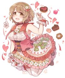 Rule 34 | 1girl, 7010, arm up, bare shoulders, blush, bow, breasts, brown eyes, cake, collarbone, commentary request, dot nose, flower, food, full body, hair bow, hair flower, hair ornament, heart, idolmaster, idolmaster cinderella girls, light brown hair, mimura kanako, open mouth, sailor collar, sidelocks, simple background, skirt, sleeveless, smile, solo, thighhighs, white background, white thighhighs, wrist cuffs