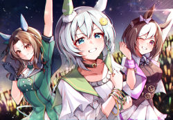 Rule 34 | 3girls, animal ears, arm up, bare shoulders, black choker, black gloves, black ribbon, blue eyes, blurry, blurry background, blush, bow, braid, brown eyes, brown hair, brown vest, center frills, choker, closed mouth, depth of field, dress, ear bow, frills, gloves, glowstick, green dress, green sailor collar, grey hair, grin, highres, horse ears, jacket, king halo (umamusume), misoni (mi so ni t), multicolored hair, multiple girls, neck ribbon, one eye closed, parted bangs, pleated skirt, puffy short sleeves, puffy sleeves, purple bow, purple eyes, ribbon, sailor collar, seiun sky (umamusume), shirt, short sleeves, skirt, smile, special week (umamusume), two-tone hair, umamusume, vest, white hair, white jacket, white shirt, white skirt, wrist cuffs