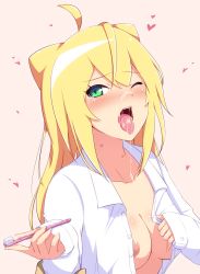Rule 34 | 10s, 1girl, ahoge, blonde hair, blush, breasts, cleavage, collarbone, cum, cum in mouth, cum on tongue, facial, female focus, green eyes, hacka doll, hacka doll 1, heart, highres, long hair, long sleeves, looking at viewer, medium breasts, mijinko (rioriorio), nipples, one eye closed, open clothes, open mouth, pov, simple background, solo, suggestive fluid, tears, teeth, tongue, tongue out, toothbrush, upper body
