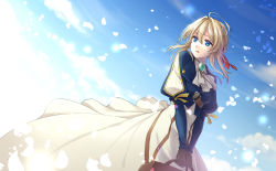 Rule 34 | 1girl, ahoge, ascot, atsukan, bag, blonde hair, blue eyes, blue jacket, blue sky, braid, brown gloves, dress, dutch angle, floating hair, french braid, gloves, hair between eyes, hair intakes, hair ribbon, holding, holding bag, jacket, long dress, long hair, long sleeves, open mouth, red ribbon, ribbon, sky, solo, standing, violet evergarden, violet evergarden (series), white ascot, white dress, yellow ribbon