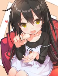 Rule 34 | &gt;:d, 1girl, :d, alastor (shakugan no shana), black hair, black shirt, blush, collarbone, commentary request, couch, dress, food, hair between eyes, heart, holding, holding food, jewelry, long hair, long sleeves, looking at viewer, open mouth, pendant, rokushou, shakugan no shana, shana, shirt, sitting, smile, solo, strap slip, v-shaped eyebrows, very long hair, white dress, yellow eyes