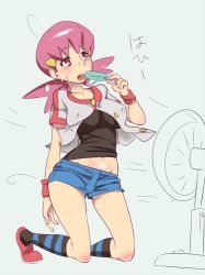 Rule 34 | 1girl, bad id, bad pixiv id, breasts, creatures (company), denim, denim shorts, eating, food, game freak, gym leader, hair ornament, large breasts, licking, midriff, navel, nintendo, open clothes, open mouth, pink eyes, pink hair, pokemon, pokemon hgss, popsicle, short shorts, short sleeves, shorts, solo, sweat, tongue, tongue out, twintails, whitney (pokemon), zaitsu