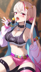 Rule 34 | 1girl, asymmetrical legwear, black collar, black sports bra, blonde hair, blush, breasts, candy, cleavage, collar, eating, facial tattoo, food, gloves, goddess of victory: nikke, gradient hair, hair between eyes, hair ornament, hair ribbon, hairclip, heart, heart tattoo, highres, jackal (nikke), jacket, long hair, looking at viewer, low twintails, medium breasts, mismatched legwear, multicolored clothes, multicolored hair, multicolored jacket, navel, omochi popo, open mouth, pink gloves, pink hair, pink ribbon, pink thighhighs, red eyes, ribbon, shoes, side ponytail, sidelocks, single thighhigh, sitting, sneakers, socks, solo, spiked collar, spiked legwear, spikes, sports bra, stomach tattoo, streaked hair, tattoo, thighhighs, tongue, tongue out, twintails, two-sided fabric, two-sided jacket, two-tone gloves, white gloves, white jacket, white socks