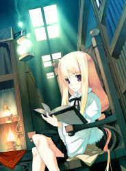 Rule 34 | 1girl, blonde hair, blush, book, closed mouth, crossed legs, indoors, library, long hair, looking at viewer, on chair, pink eyes, pleated skirt, ribbon, sitting, skirt, solo