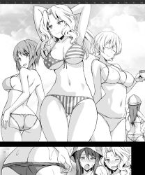 Rule 34 | 10s, 4girls, american flag, american flag bikini, arm behind back, arms behind head, arms up, ass, back, bikini, bikini pull, blush, braid, breasts, cleavage, closed eyes, clothes pull, cloud, cloudy sky, comic, commentary, crotch seam, cup, darjeeling (girls und panzer), day, facing away, flag print, from behind, front-tie bikini top, front-tie top, girls und panzer, gluteal fold, greyscale, guidelines, hair intakes, hand on own hip, hands on own hips, hat, holding, holding cup, kay (girls und panzer), large breasts, long hair, looking at another, looking at viewer, looking back, medium breasts, mika (girls und panzer), monochrome, multiple girls, nakamura yukitoshi, navel, nishizumi miho, open mouth, outdoors, print bikini, short hair, side-tie bikini bottom, sky, sparkle, standing, striped bikini, striped clothes, swimsuit, teacup, thigh gap, thighs, unfinished, vertical-striped bikini, vertical-striped clothes, wet