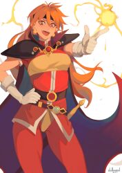 1girl armor artist_name black_headband cape commentary earrings english_commentary gem gloves gold_earrings headband highres jewelry lina_inverse long_hair nidhoggn open_mouth orange_eyes orange_hair pointing red_gemstone shoulder_armor slayers solo white_gloves