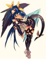 Rule 34 | 1girl, bare shoulders, bent over, blue hair, breasts, cleavage, dizzy (guilty gear), guilty gear, guilty gear xrd, hyakuhachi (over3), long hair, red eyes, solo, tail, twitter username, very long hair, wings, yellow background