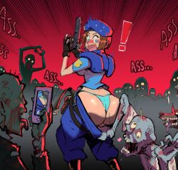Rule 34 | 1girl, ass, ass focus, blue eyes, blush, breasts, brown hair, cellphone, clothes pull, dog, dreaminerryday, hat, huge ass, jill valentine, large breasts, looking back, pants, pants pull, phone, red background, resident evil, resident evil 1, shiny skin, short sleeves, thong, zombie