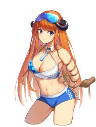 Rule 34 | 1girl, absurdres, arknights, arms behind back, bagpipe (arknights), bare arms, bare shoulders, bdsm, blue archive, blue shorts, blush, bondage, bound, breasts, cleavage, clothes writing, commentary request, commission, copyright name, cosplay, crop top, cropped legs, disembodied hand, goggles, goggles on head, highres, horns, large breasts, long hair, midriff, millennium cheerleader outfit (blue archive), navel, orange hair, purple eyes, rope, second-party source, shinebell, short shorts, shorts, simple background, sleeveless, smile, solo focus, standing, stomach, thighs, very long hair, white background