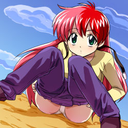 Rule 34 | 1girl, :o, blush, cameltoe, cargo pants, clothes pull, cloud, day, dutch angle, green eyes, haruyama kazunori, jikuu tantei genshi-kun, knees together feet apart, long hair, long sleeves, looking at viewer, lowres, multicolored hair, on ground, open mouth, outdoors, panties, pants, pants pull, pantyshot, pink hair, pouch, pulled by self, red hair, shirt, shoes, sitting, sky, solo, split-color hair, suspenders, two-tone hair, underwear, undressing, very long hair, white panties, yamato sora