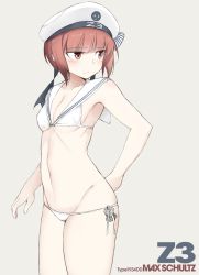 Rule 34 | 10s, 1girl, anchor, bare shoulders, bikini, blush, breasts, brown eyes, brown hair, character name, cleavage, cowboy shot, cross, from side, frown, groin, hat, iron cross, kantai collection, looking back, lowleg, lowleg bikini, navel, sailor bikini, sailor collar, sailor hat, shigino sohuzi, short hair, side-tie bikini bottom, small breasts, solo, swimsuit, white bikini, white hat, z3 max schultz (kancolle)