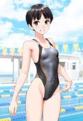 Rule 34 | 1girl, absurdres, black hair, blurry, blurry background, borrowed character, breasts, brown eyes, commentary request, competition swimsuit, covered navel, cowboy shot, grey one-piece swimsuit, grin, groin, highleg, highleg swimsuit, highres, multicolored clothes, multicolored swimsuit, one-piece swimsuit, original, pool, short hair, small breasts, smile, solo, standing, string of flags, swimsuit, takafumi, variant set