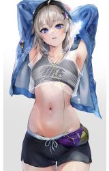 Rule 34 | 1girl, aa-12 (girls&#039; frontline), absurdres, alternate costume, armpits, arms behind head, arms up, beanie, beret, blonde hair, blue eyes, earphones, girls&#039; frontline, hair ornament, hat, highres, jacket, looking at viewer, midriff, navel, pale skin, parted lips, short shorts, shorts, simple background, solo, sports bra, stretching, sweat, thigh gap, uthy, white background